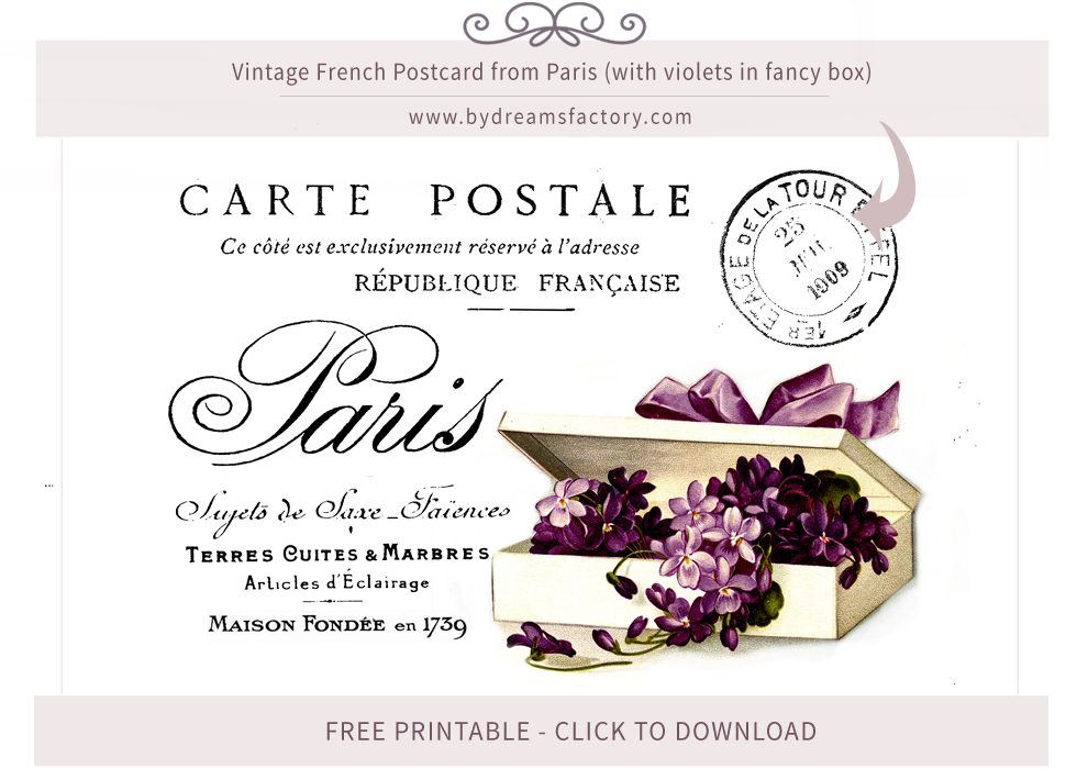 Vintage Digital Collage Sheet Violets Postcard from Paris