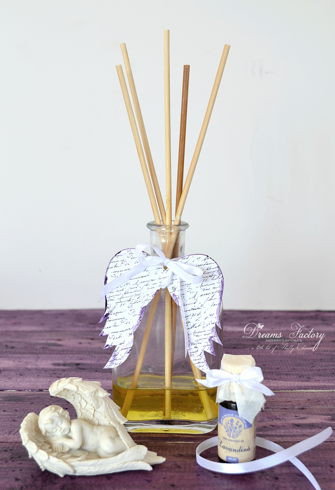 Learn how to make a DIY Essential Oils Reed Diffuser, decorate it with beautiful French script angel wings and use it all around your home for a fresh and natural scent - Dreams Factory