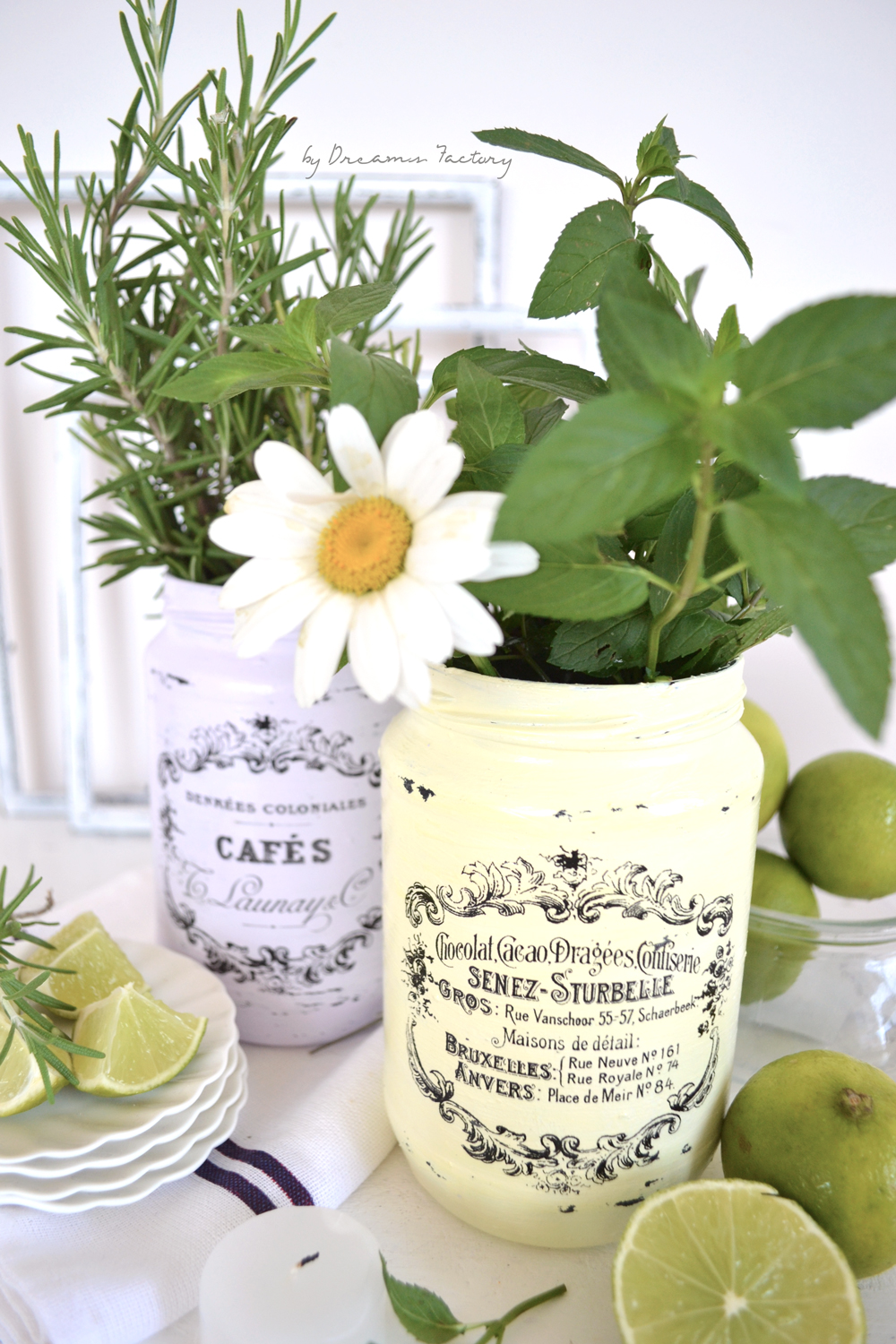 Easy Seasonal Decorating with French Jars, flowers, fruits, fresh herbs and essential oils for the most amazing vignettes for any season - Dreams Factory