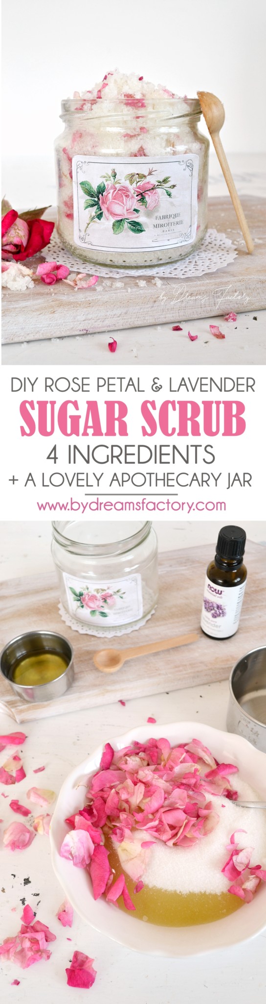 DIY Rose Petal & Lavender Sugar Scrub - www.bydreamsfactory.com