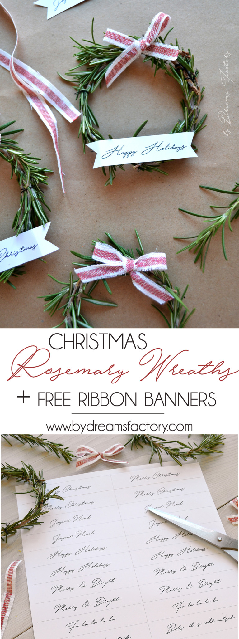 Christmas Rosemary Wreaths + free ribbon banners for you