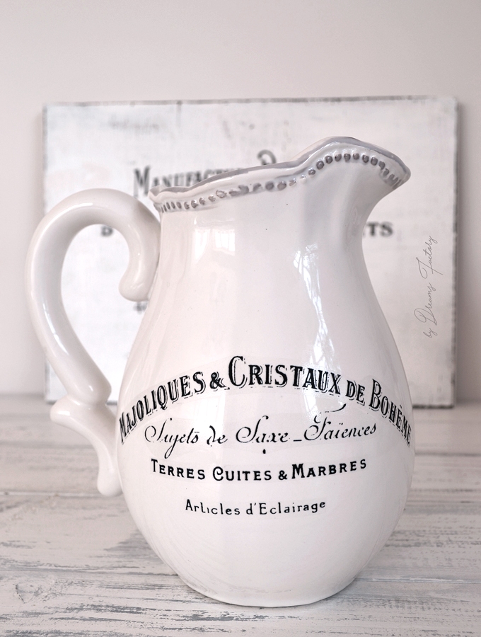 DIY 5 Minute Decal Transfer on a Pitcher - the perfect way to revamp and give a new chic look to plain white pitchers in just 5 minutes! - by Dreams Factory